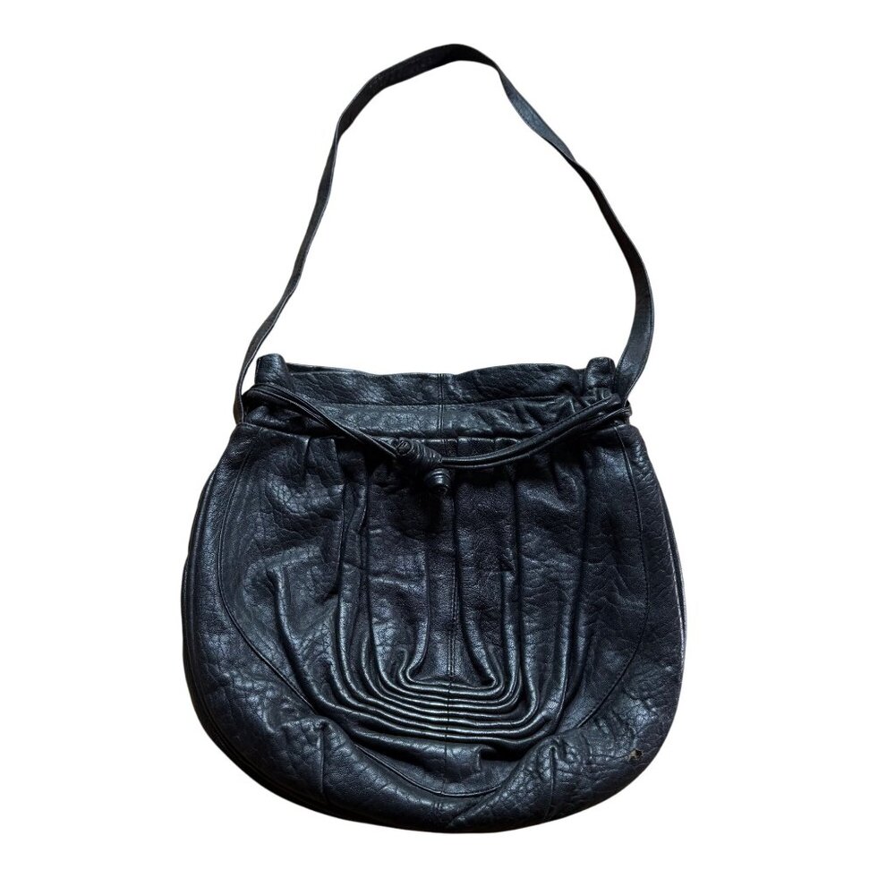 Vintage 80s Aspects 12"x 13" Black Pebbled Leather Ruched Hobo Shoulder Bag